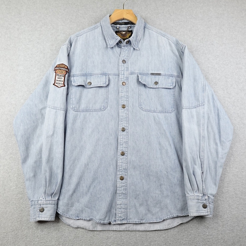 Harley Davidson Mens L Light Wash Denim Button Up Shirt Patched Hong Kong Biker